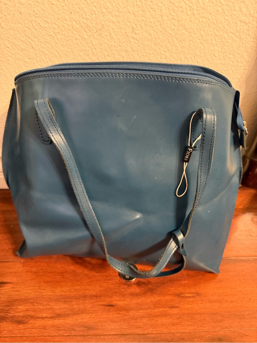 Fiore Genuine Leather Tote Bag Made in Italy Blue Large Zip Top Shoulder Bag